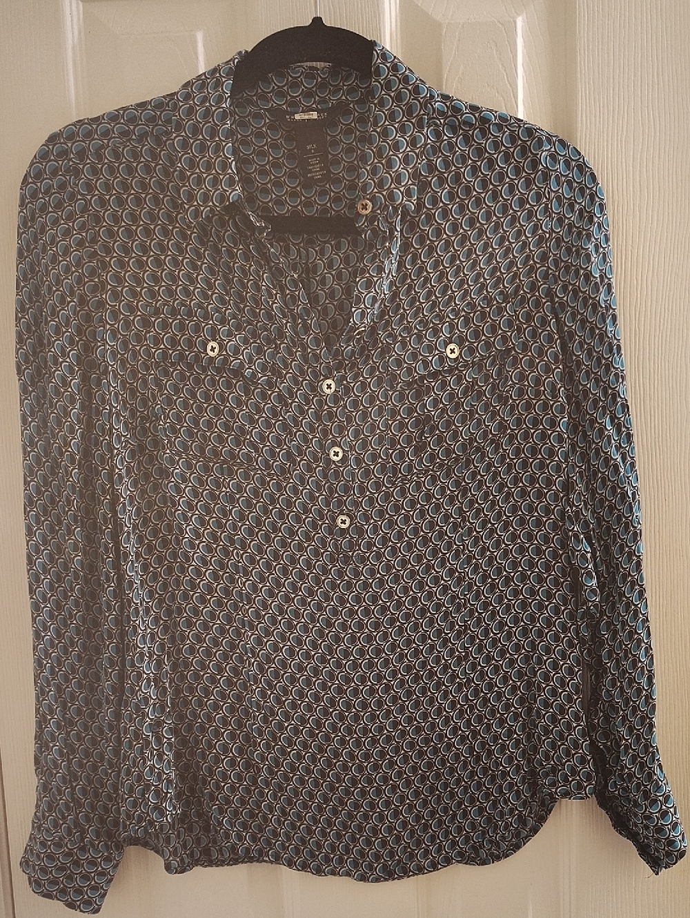 White House Black Market Teal & Black Circular Print Silk Blouse